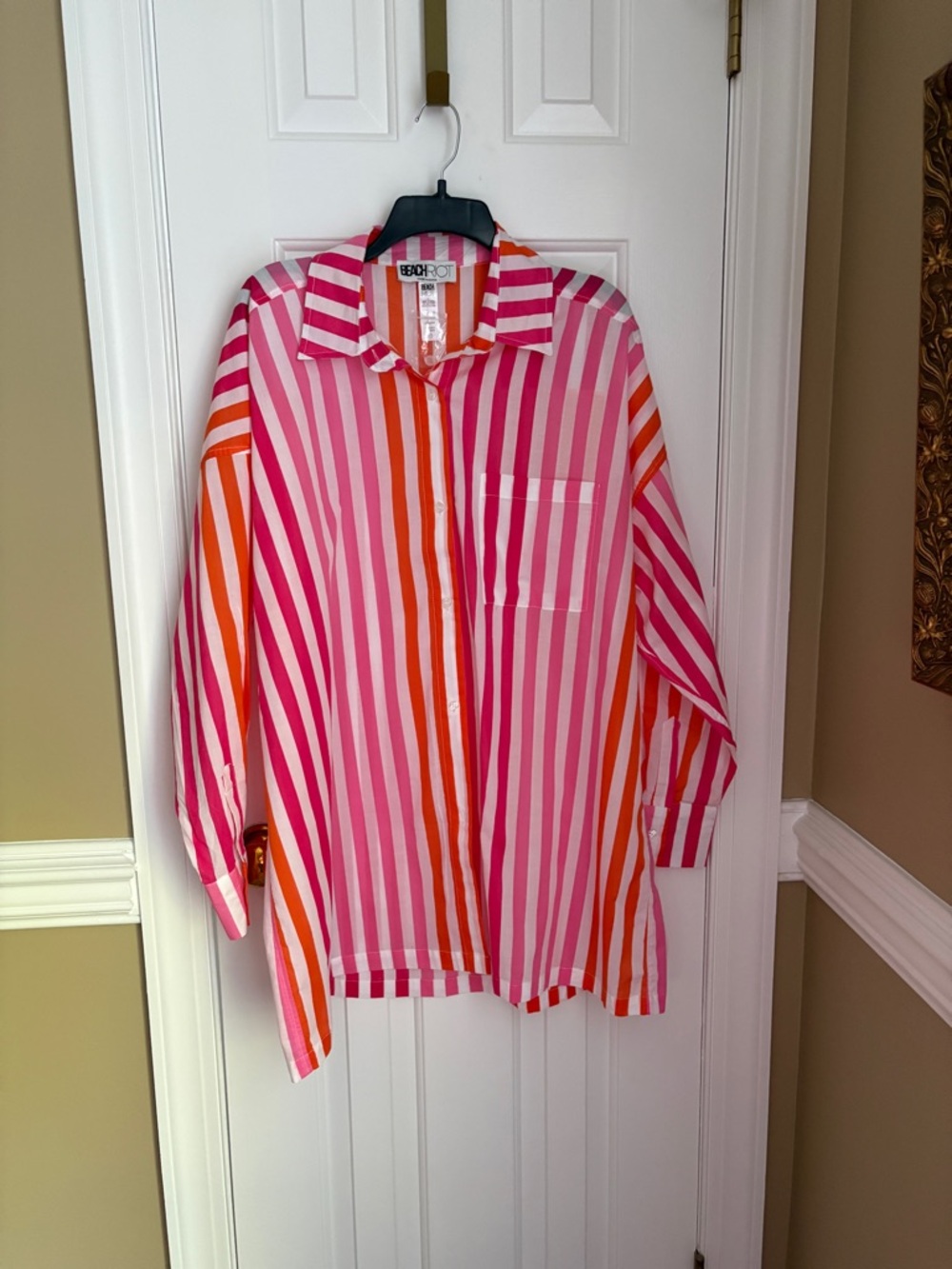 Beach Riot Pink and Orange Striped Swim Coverup Shirt